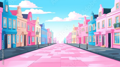 cartoon illustration Pink city with perspective. Harmonious Blend of Urban and Suburban Living