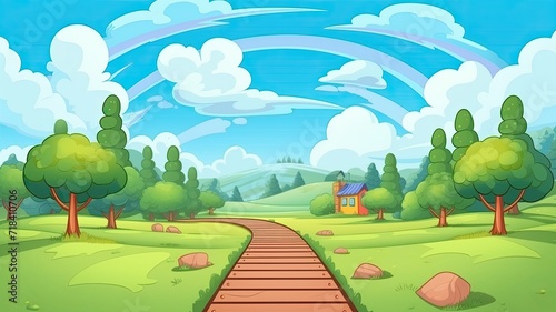 cartoon illustration winding path leading towards mystical mountains under a bright sky.
