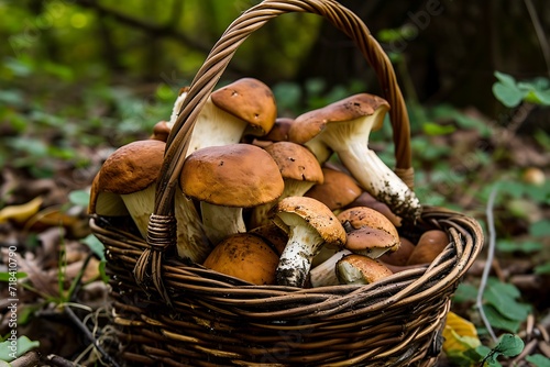 Close-up of porcini mushrooms in a basket in the forest