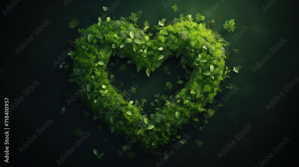 a heart shape made out of leaves on a black background with a green light in the middle of the image. a heart shape made out of leaves on a black background with a green light in the middle of the image.