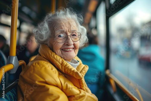 Old lady in a yellow coat smiling on a bus © InfiniteStudio