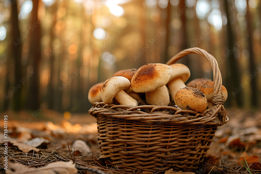 Close-up of porcini mushrooms in a basket in the forest Close-up of porcini mushrooms in a basket in the forest