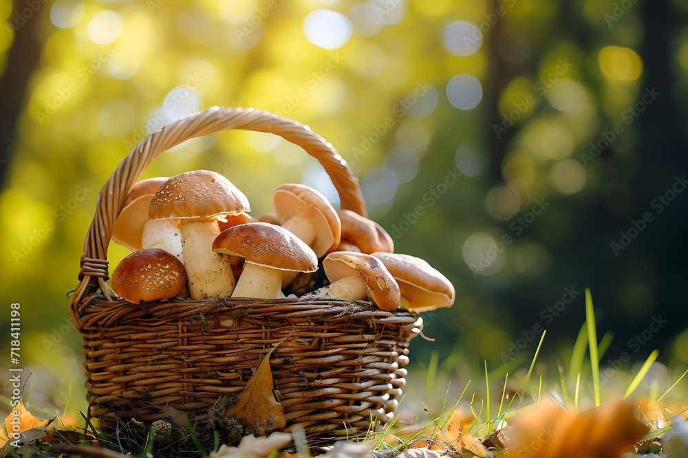 Close-up of porcini mushrooms in a basket in the forest Close-up of porcini mushrooms in a basket in the forest