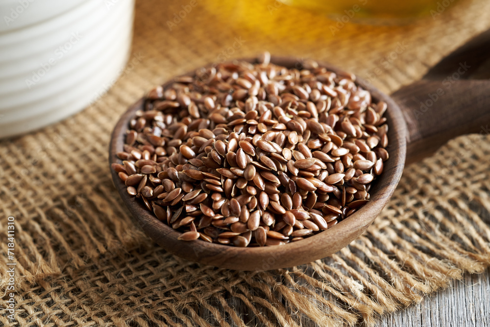Flax seeds on a wooden spoon Flax seeds on a wooden spoon
