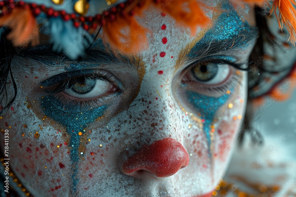 Close-up of the clown's serious face
