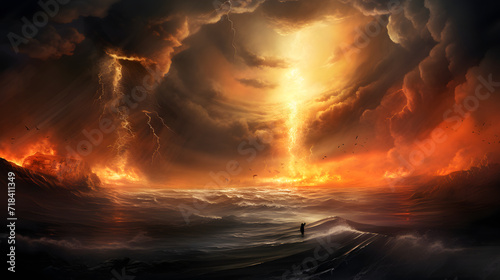 The Red Sea splitting and Moses walking across on dry land