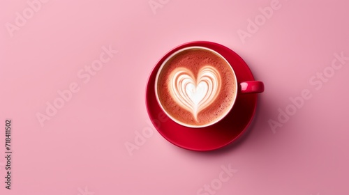 Valentines Day Love Concept Photograph with Cappuccino Latte Coffee Cup, Love Heart Foam, Sweet Dessert Cocoa, Fun Conceptual Wallpaper, Background Art, Backdrop, Pink, Red and White, BIrds eye view