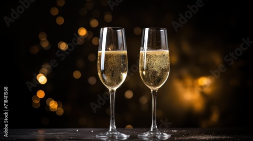  two glasses of champagne on a table with boke of lights in the backgroung of the room.