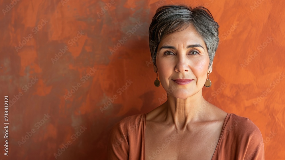 a beautiful older hispanic woman with short stylish hair, dress in nice simple clothes, with a rust background, copy space a beautiful older hispanic woman with short stylish hair, dress in nice simple clothes, with a rust background, copy space