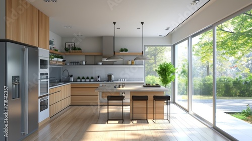 an angled view showing a minimalist style kitchen, The kitchen is amber and silver. 
