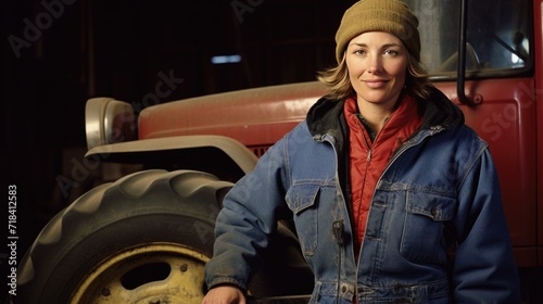 American middle age female farmer standing next to the tractor