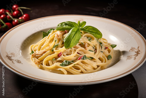 Linguine with white sauce on plate