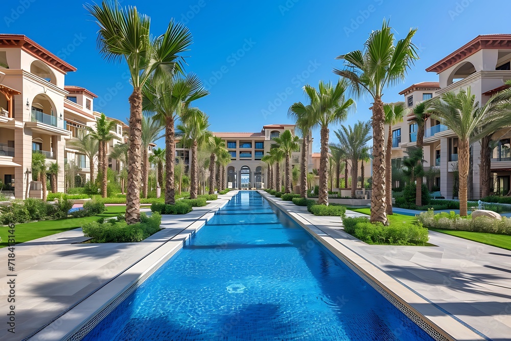front view of a luxury five-star hotel with pool and palm trees at a summer resort
