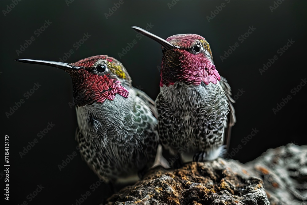 Obraz premium Beautiful side of Anna's Hummingbird standing old log AI Generative