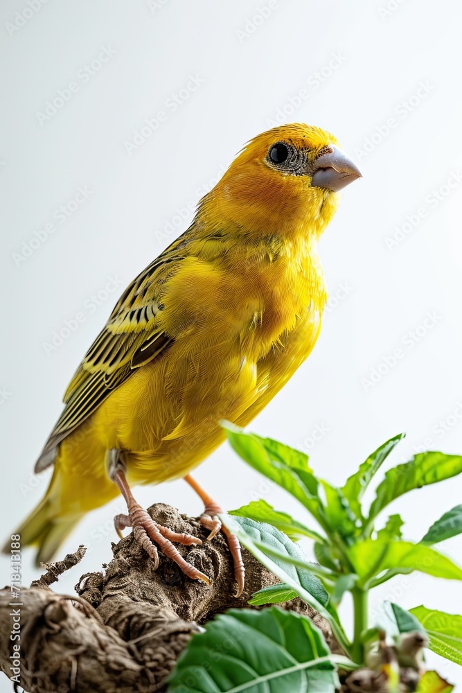 Obraz premium Beautiful of Canary standing on small root with green leave on white background