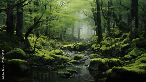  a painting of a stream running through a forest filled with lush green trees and mossy rocks  with a stream running through the middle of the forest.
