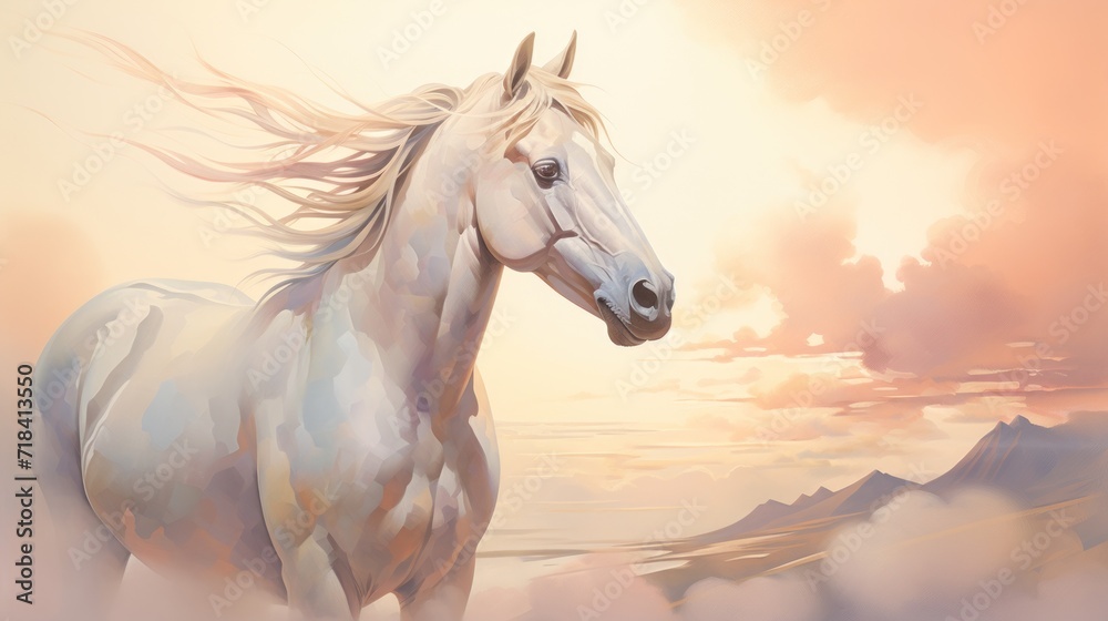  a painting of a white horse running through a field with mountains in the background and a sky filled with clouds.