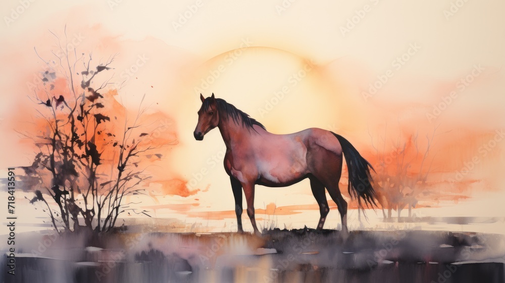 a painting of a horse standing in front of a sunset with a tree in the foreground and a body of water in the foreground.
