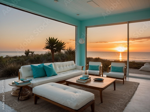 White and turquoise Mid Century Modern Style Beach Home  Interior  sunset