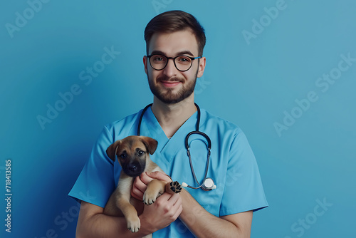 portrait of a young male veterinarian dressed in medical clothes with a puppy in his hands isolated on a blue background
