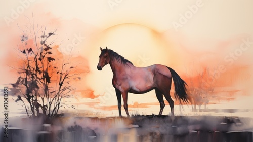  a painting of a horse standing in front of a sunset with a tree in the foreground and a body of water in the foreground.