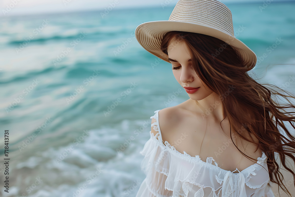 portrait of a young woman dressed in a white summer sundress and a hat walking along the sea on the background of the beach and turquoise sea