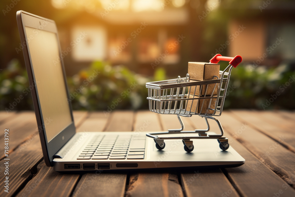 Online Shopping Concept with Miniature Shopping Cart in Front of a Laptop
