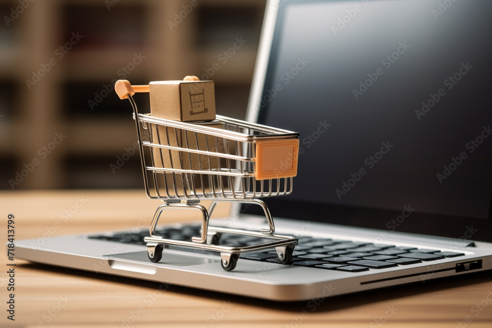 Online Shopping Concept with Miniature Shopping Cart and Laptop