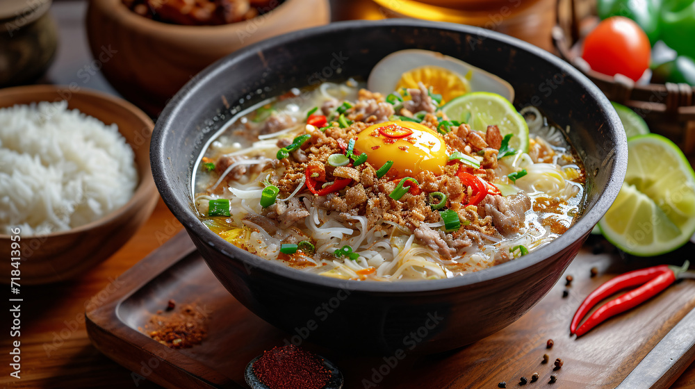 A Bowl of Soto on a Wooden Tray. A Bowl of Soto on a Wooden Tray.