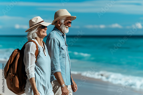 smiling elderly couple man and woman walking on the beach on the background of the blue sea on a sunny summer day