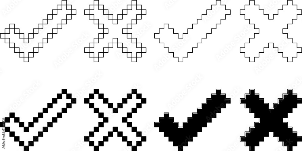 black white pixel check mark cross icon set