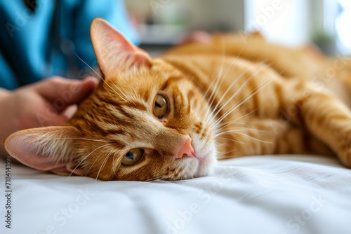 veterinarian examines a ginger cat