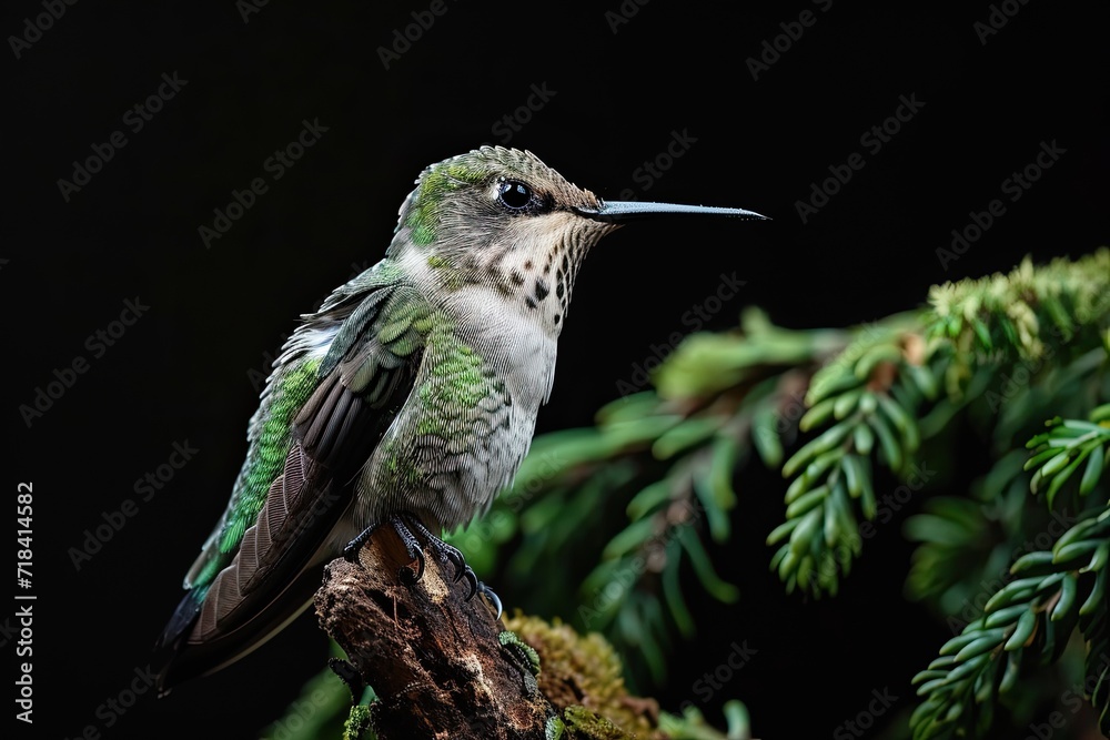 Fototapeta premium Portrait majestic Hummingbird standing on old log AI Generative