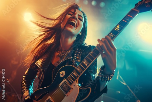 woman playing a rock guitar with enthusiasm expert skill generative ai photo
