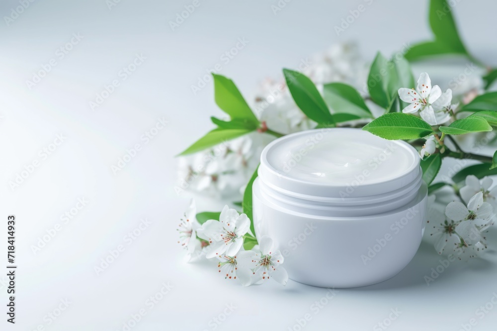 Cream jar among apple blossoms. Cream jar among apple blossoms.