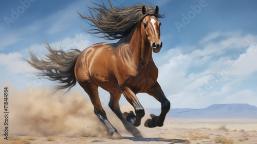  a painting of a brown horse running in the desert with a blue sky in the back ground and clouds in the background.