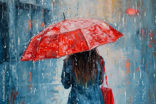 An oil painting umbrella red girl on canvas generative ai