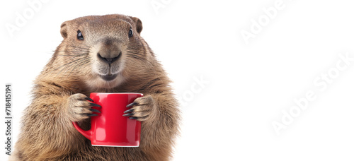 Cute Marmot Critter,  Groundhog Day Love with Red Coffee Delight For Valentines Day.  White Background.