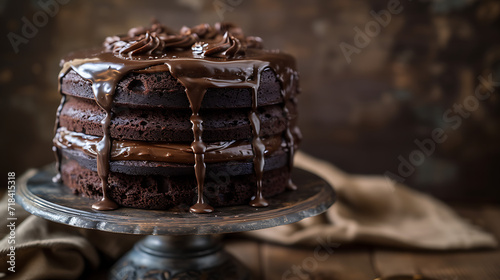 A mouthwatering close-up of a chocolate ganache cake, layers visible with rich frosting and cascading dark chocolate photo