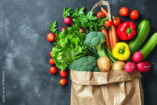 Various fresh vegetables and fruits in paper bag  dark background.