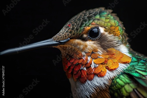 Right side view of beautiful hummingbird on the black background AI Generative