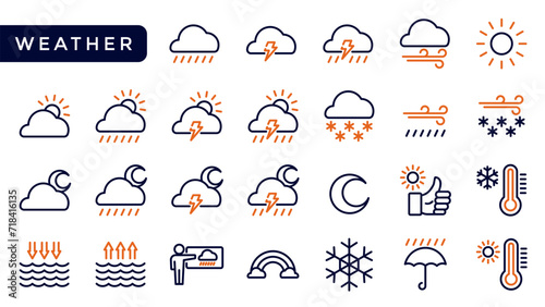 Blue and orange line Weather forecast icons set. Outline set of weather forecast vector icons for web design