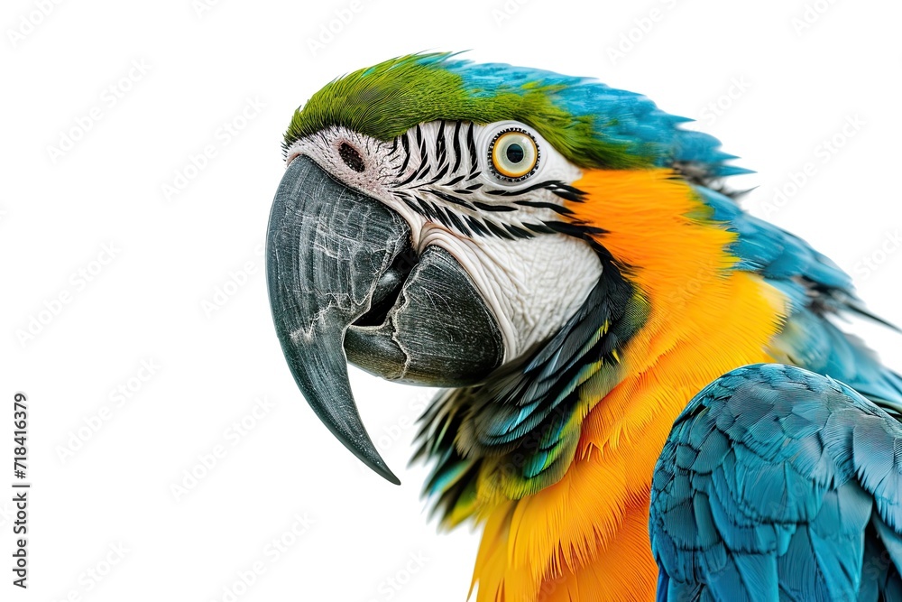 Right side portrait of Blue and Gold Macaw isolated on white AI Generative 