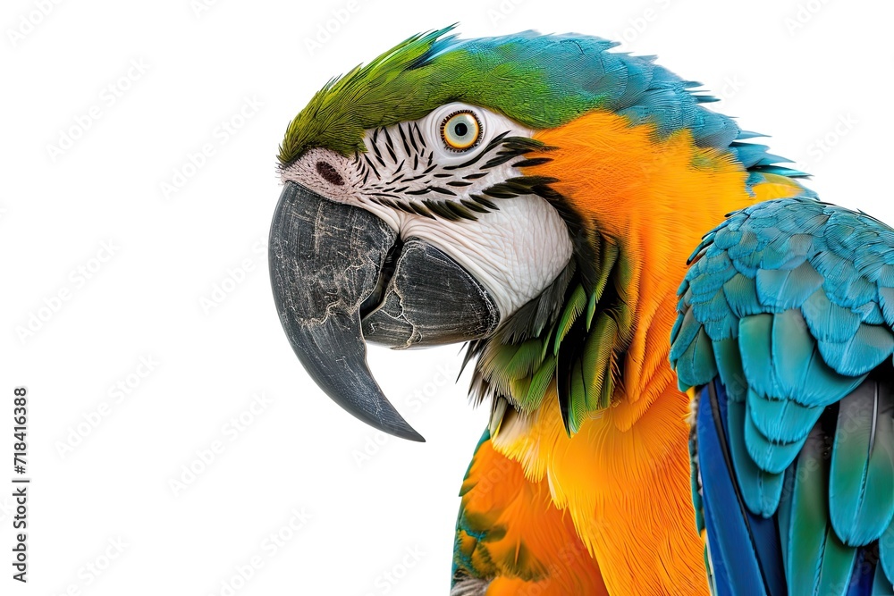 Fototapeta premium Graceful pose of Blue and Gold Macaw on white background AI Generative