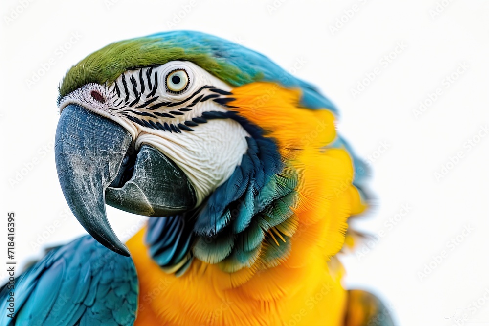 Graceful pose of Blue and Gold Macaw on white background AI Generative Graceful pose of Blue and Gold Macaw on white background AI Generative