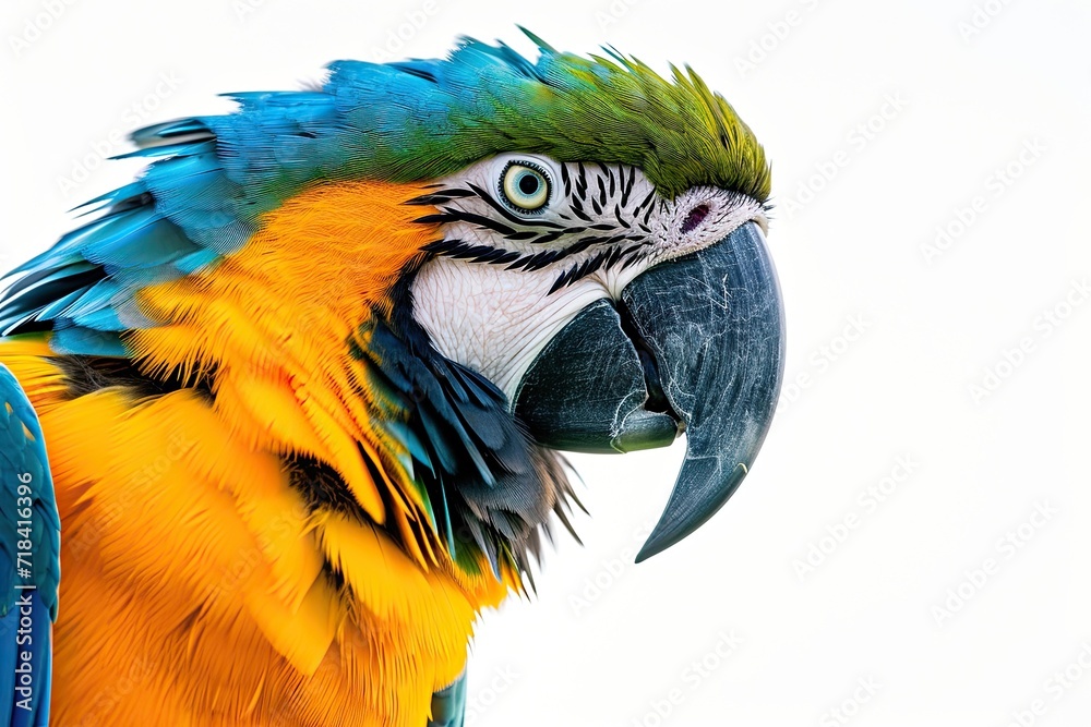  Portrait Side view of Blue and Gold Macaw isolated on white AI Generative