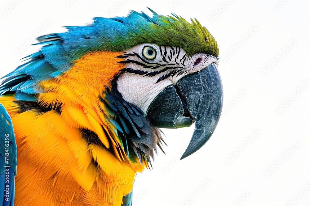 Fototapeta premium Portrait Side view of Blue and Gold Macaw isolated on white AI Generative