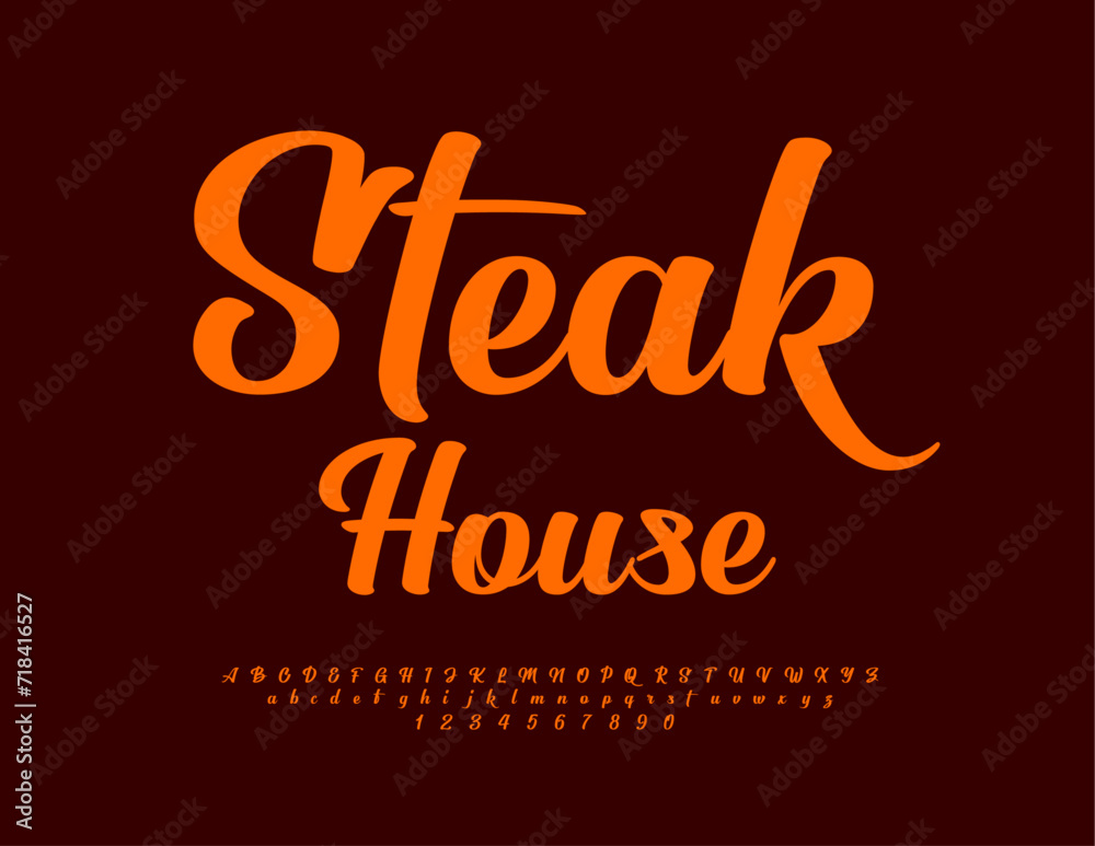 Vector elegant logo Steak House with cursive Font. Calligraphic set of Alphabet Letters and Number.