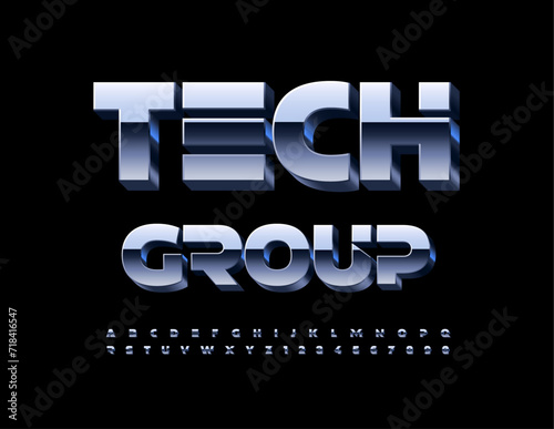 Vector trendy concept Tech Group. Reflective 3D Font. Silver set of Alphabet Letters an Numbers.