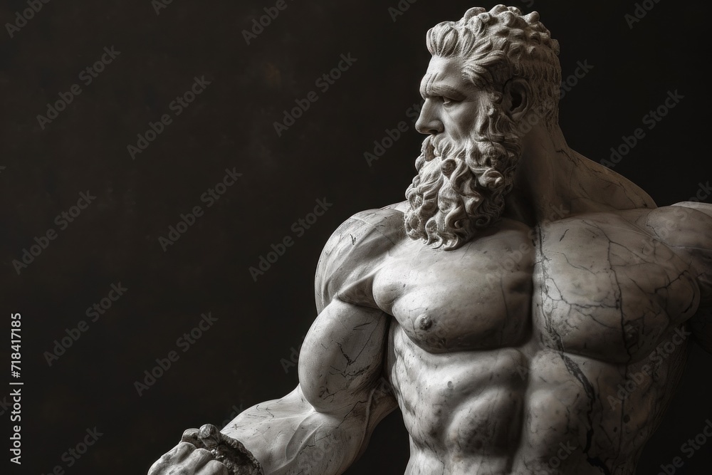 Antique  musculine statue of a brutal man with a beard and big muscles